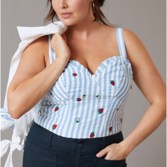 ANTHROPOLOGIE Maeve Striped Strawberry Embroidered Cami Blue White Tube Top NEW - Picture 2 of 9